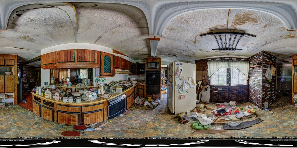 A 360-degree panoramic image captured inside the kitchen area of the "Alvarez House" in Florida. Photo by the Abandoned in 360 URBEX team.