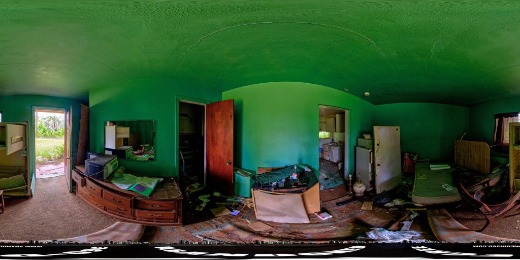 A 360-degree panoramic image captured at the abandoned Perry Motor Lodge in Perry, Florida. Photo by the Abandoned in 360 URBEX team.